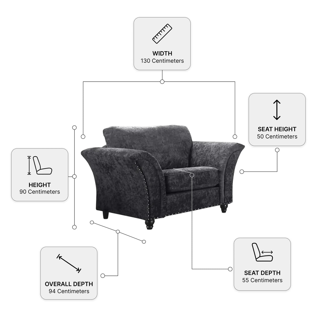Canterbury Grey Fabric Armchair — Dimension diagram