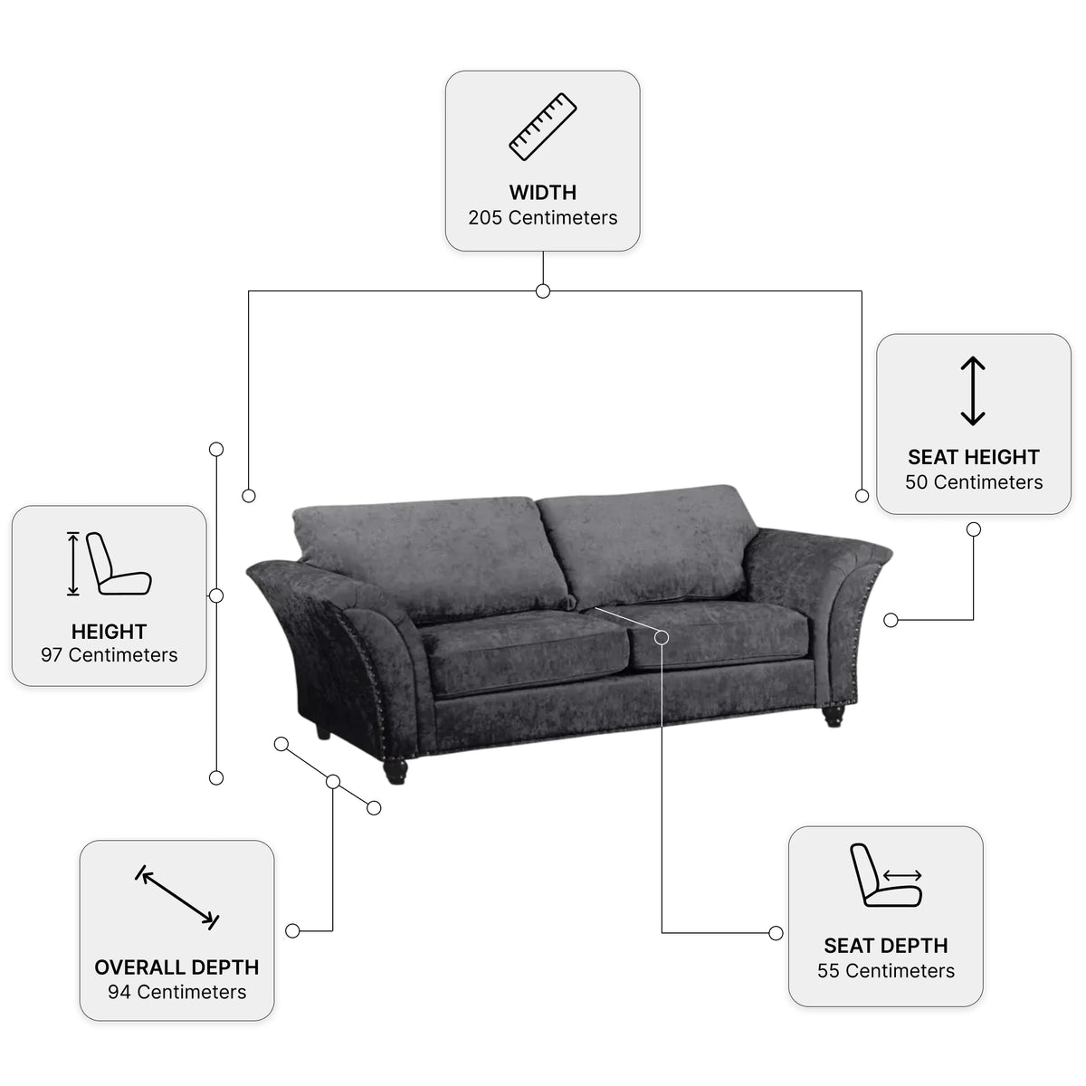 Canterbury Grey Fabric 3 Seater Sofa — Dimension diagram