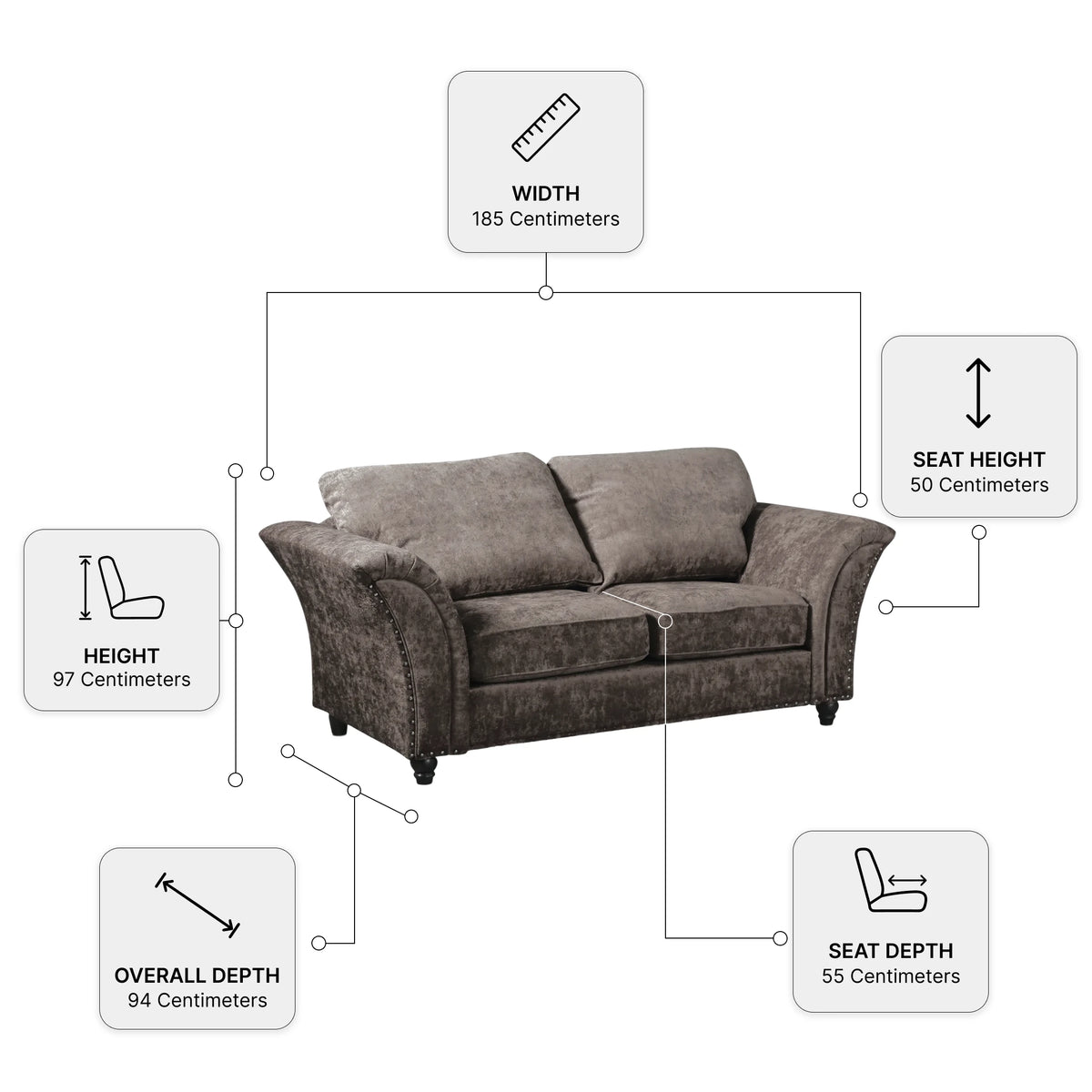 Canterbury Truffle Fabric 2 Seater Sofa — Dimension diagram