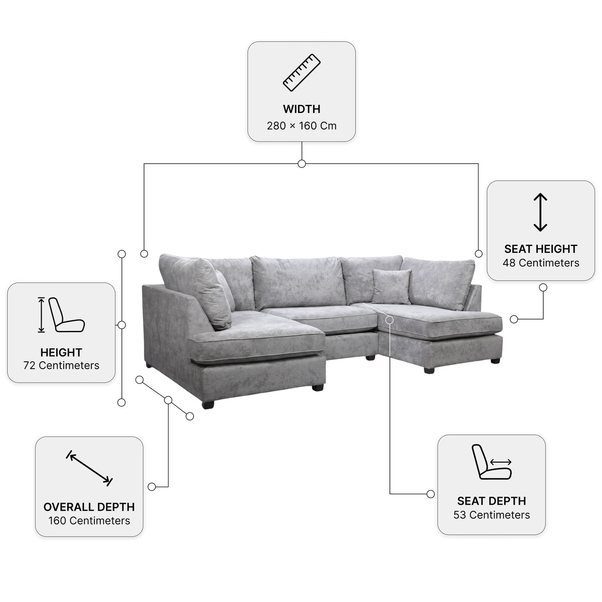 Carnaby Grey Fabric U Shape High Back Corner Sofa + Footstool — Dimension diagram