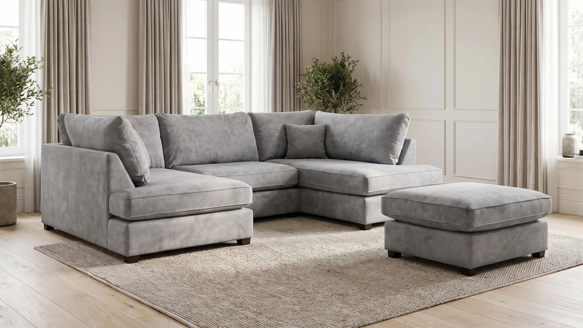 Carnaby Grey Fabric U Shape High Back Corner Sofa + Footstool