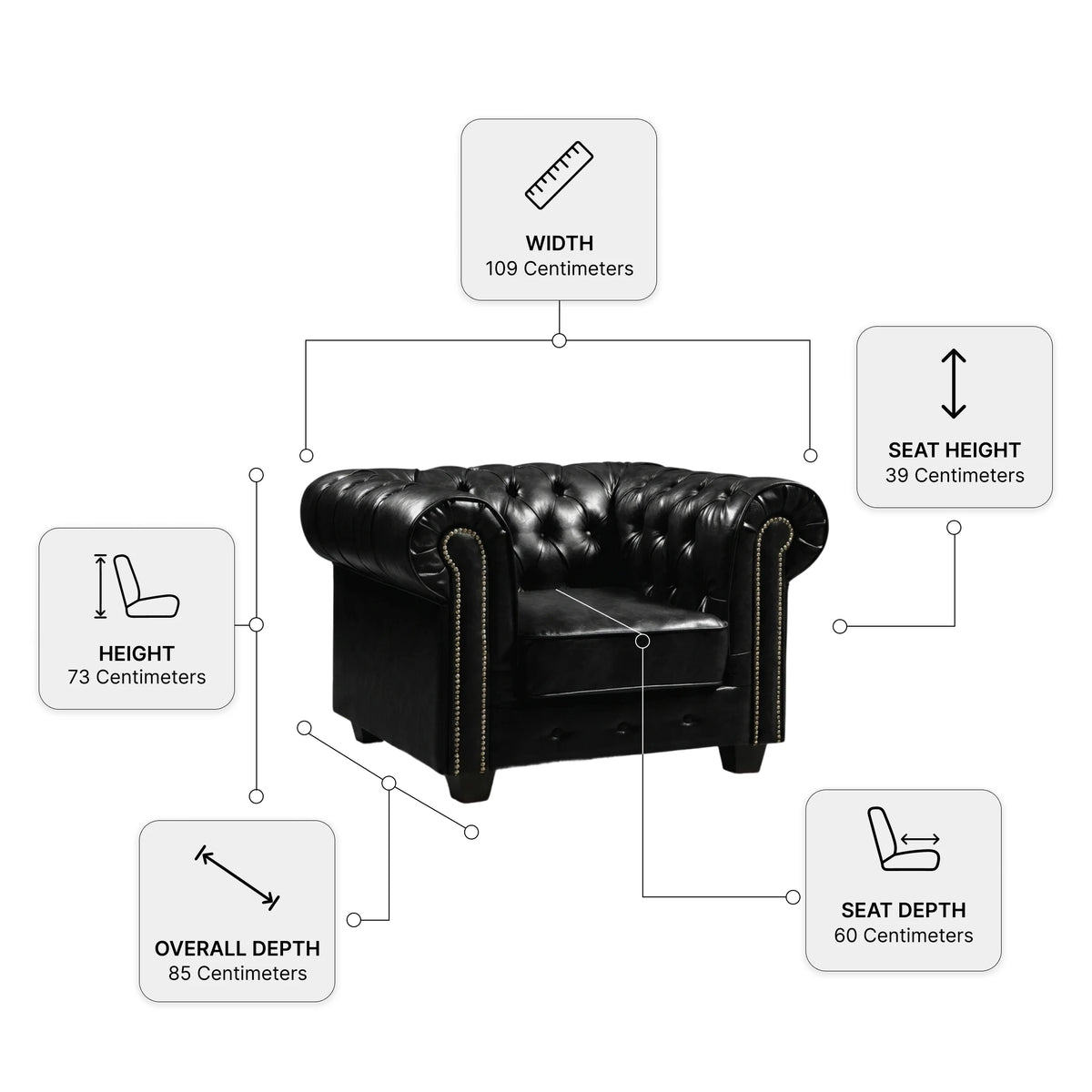 Chesterfield Black Leather Antique Armchair — Dimension diagram