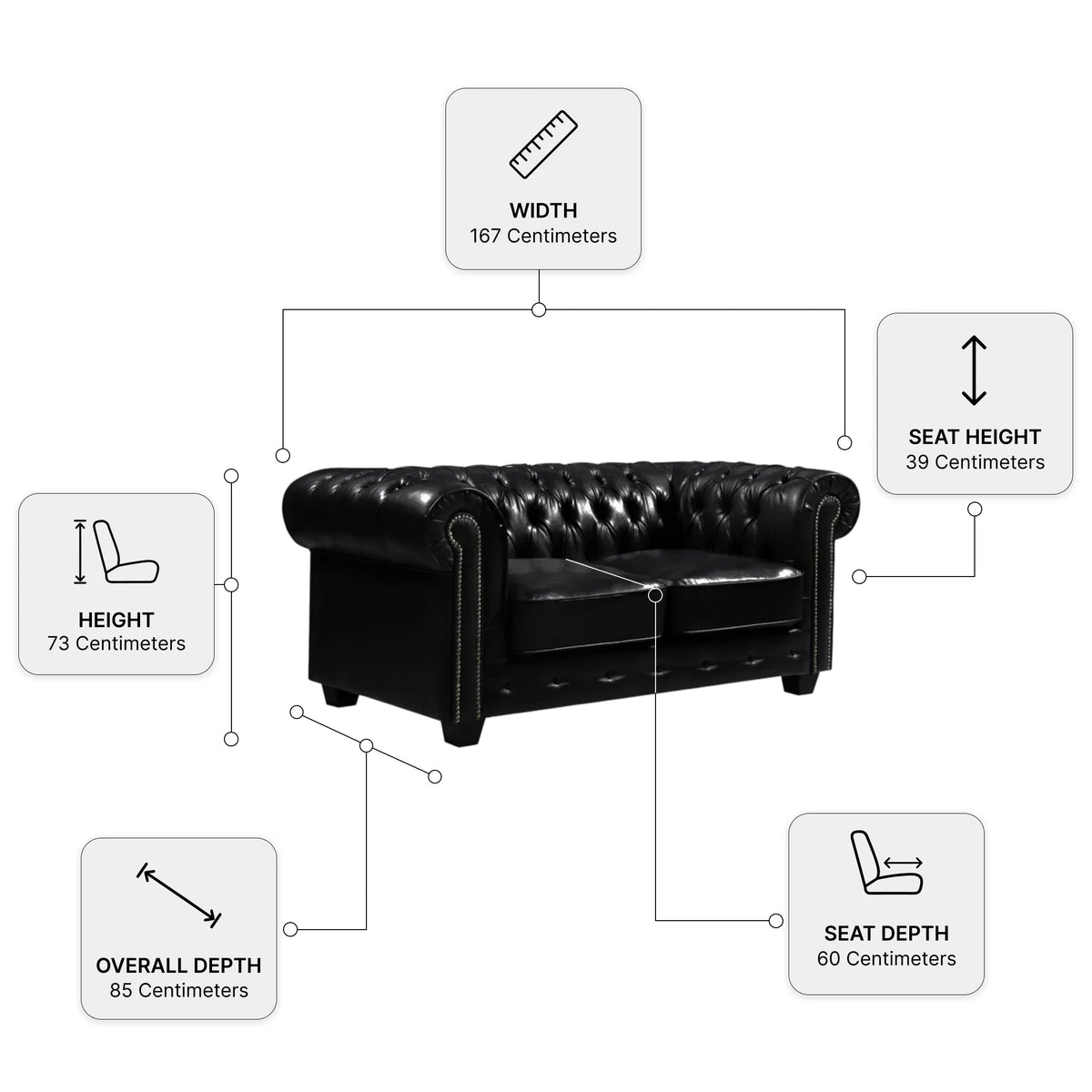 Chesterfield Black Leather Antique 2 Seater Sofa — Dimension diagram