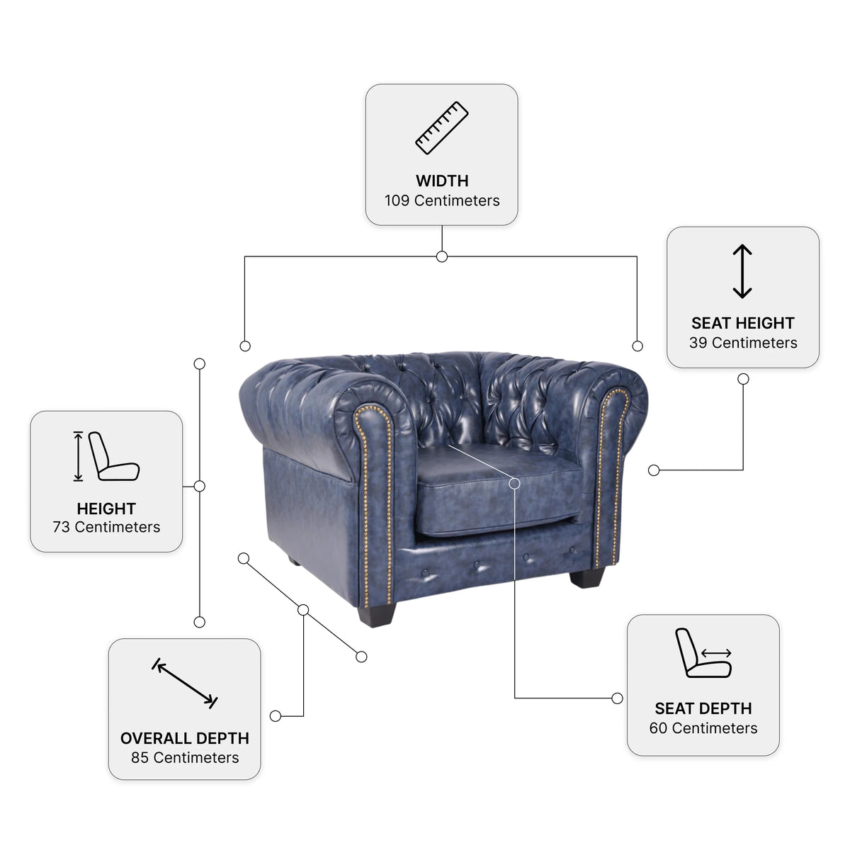 Chesterfield Blue Leather Antique Armchair — Dimension diagram