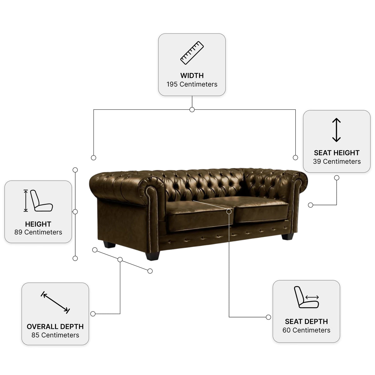 Chesterfield Brown Leather Antique 3 Seater Sofa — Dimension diagram