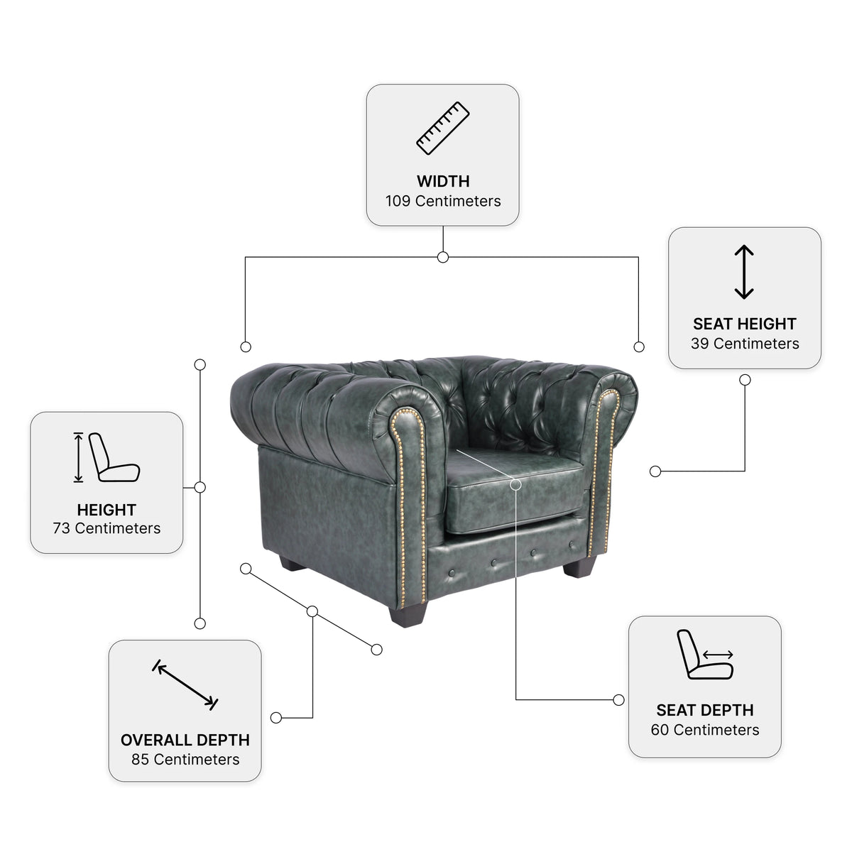 Chesterfield Green Leather Antique Armchair — Dimension diagram