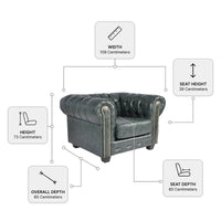 Chesterfield Green Leather Antique armchair dimensions diagram showing width, height, seat height and depth measurements