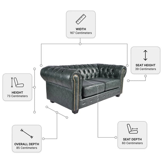 Chesterfield Green Leather Antique 2 seater sofa dimensions diagram showing width, height, seat height and depth measurements