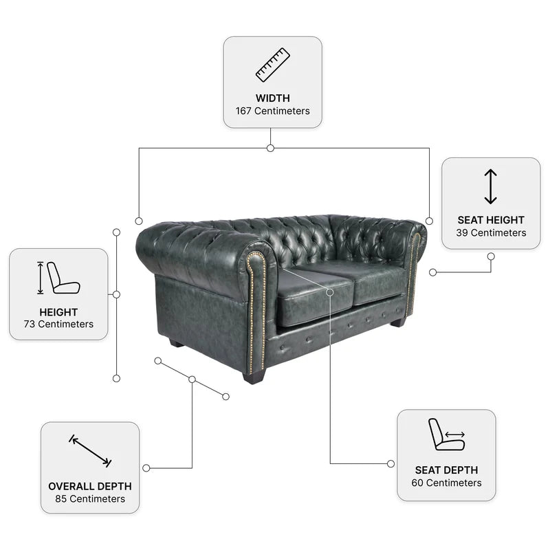 Chesterfield Green Leather Antique 2 seater sofa dimensions diagram showing width, height, seat height and depth measurements