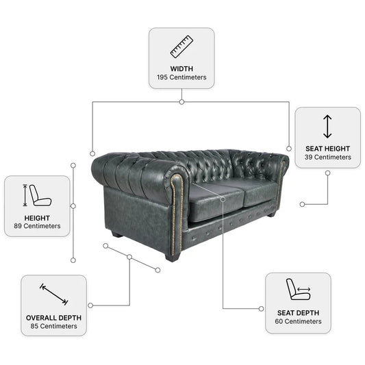 Chesterfield Green Leather Antique 3 seater sofa dimensions diagram showing width, height, seat height and depth measurements