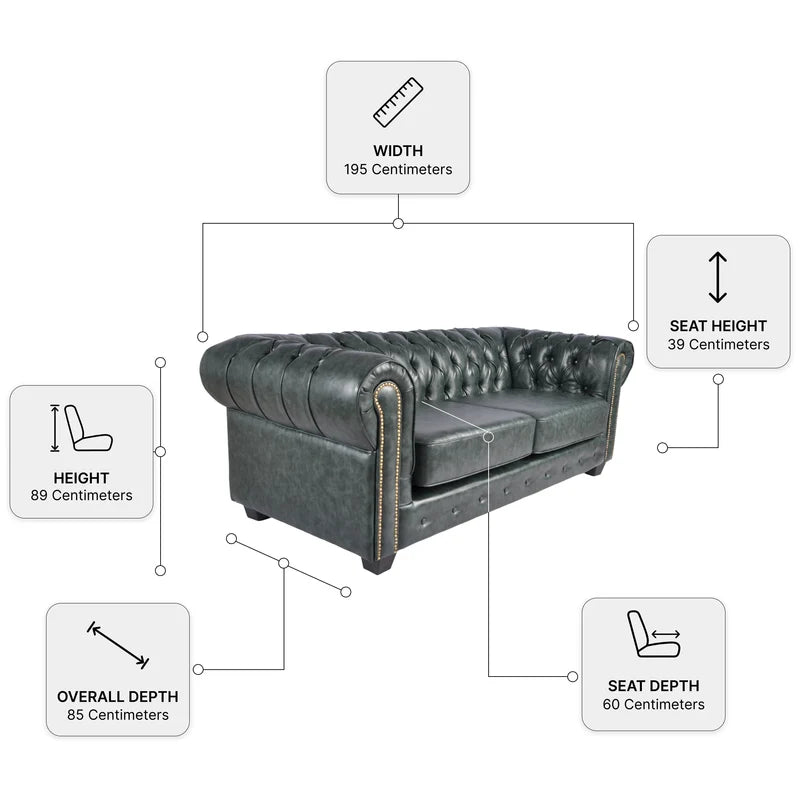 Chesterfield Green Leather Antique 3 seater sofa dimensions diagram showing width, height, seat height and depth measurements