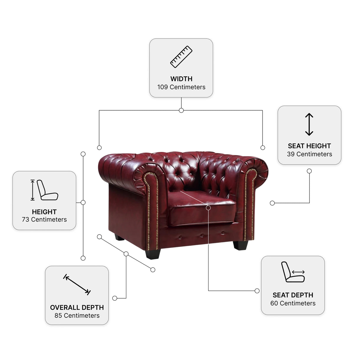 Chesterfield Red Leather Antique Armchair — Dimension diagram
