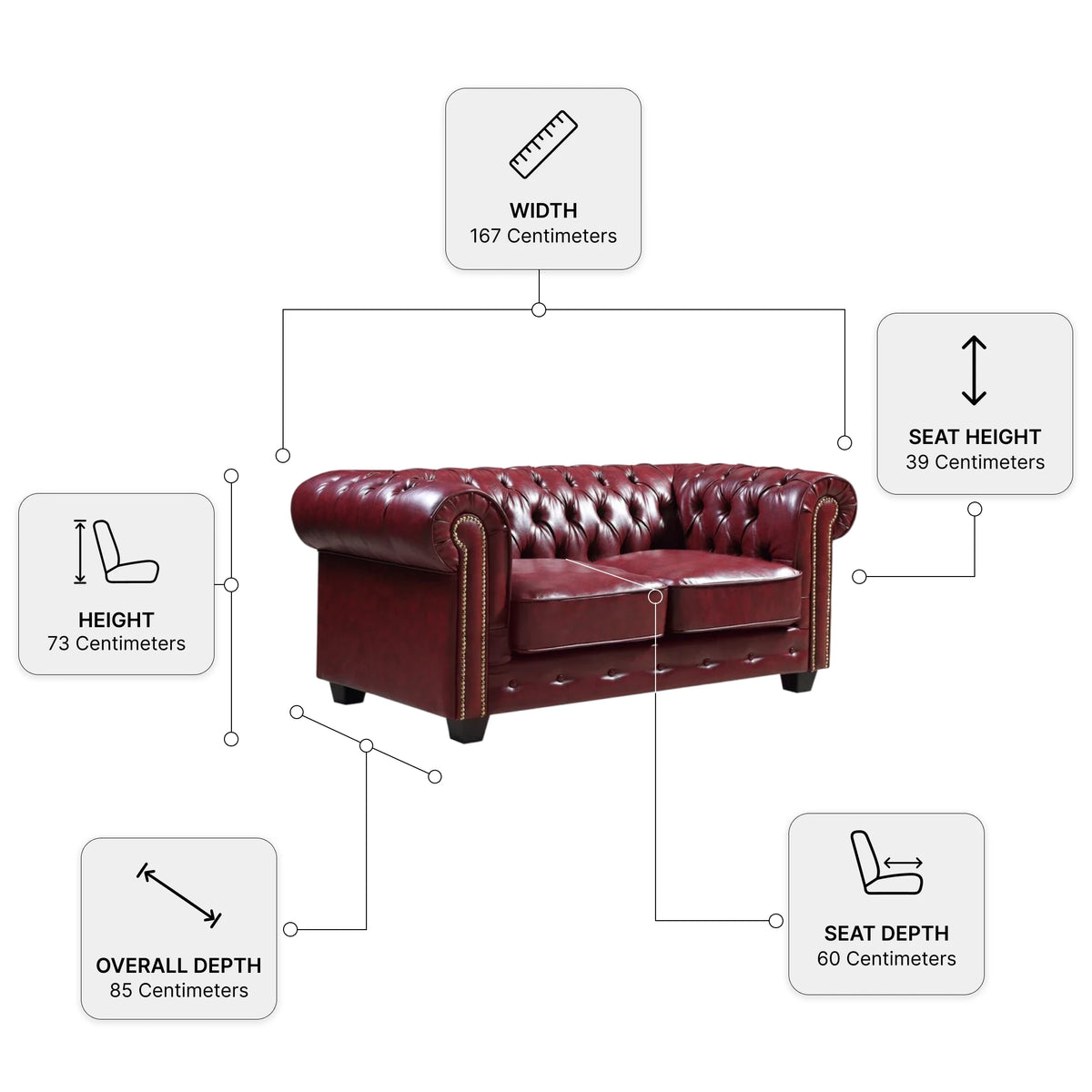 Chesterfield Red Leather Antique 2 Seater Sofa — Dimension diagram