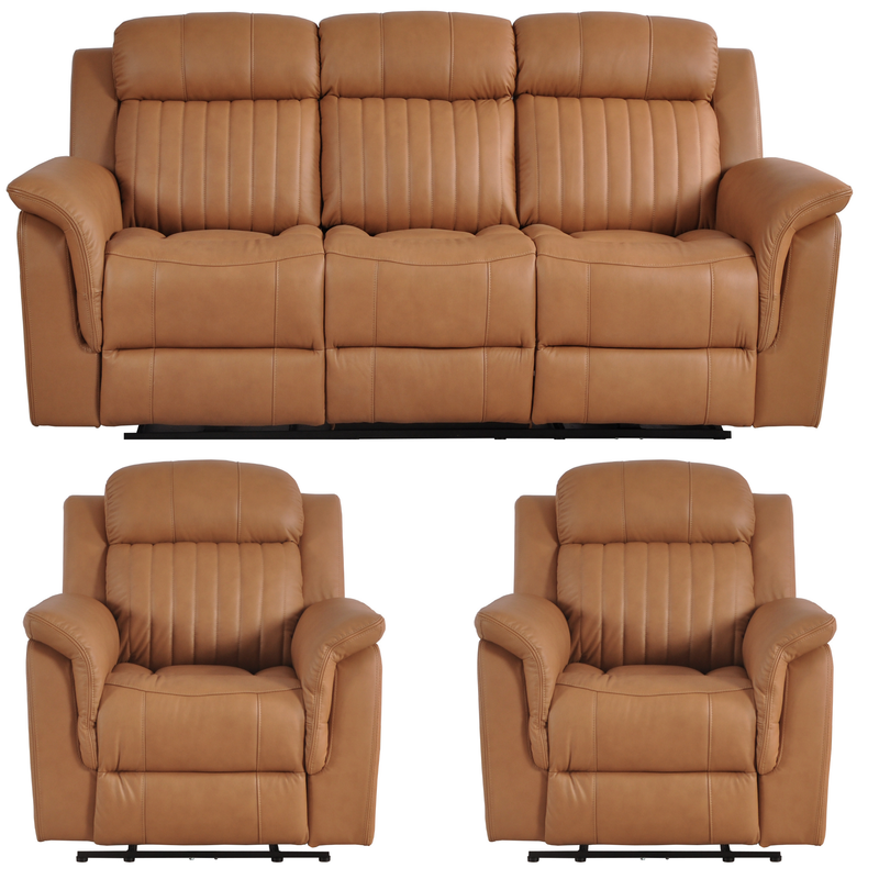 Brown leather sofa set with two recliner chairs on a white background