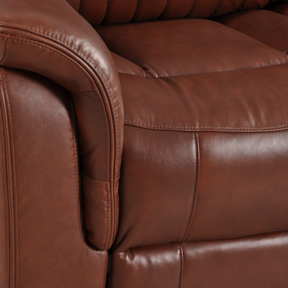 Closeup of Cidliano tan 2-seater sofa showing fabric texture and stitching details.