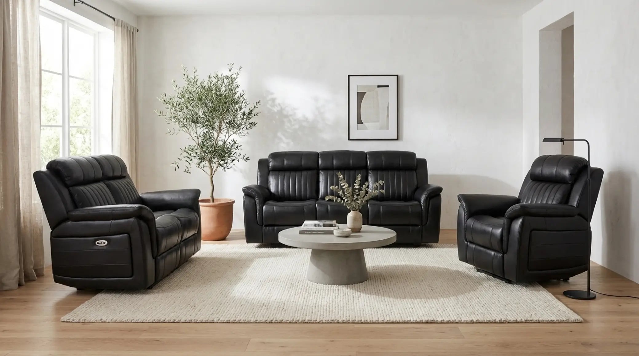 Cidliano genuine leather black 1+1+3 sofa set
