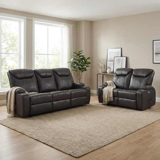 Cinema Grey Electric Leather 3+2 Recliner Sofa Set With Two Cup Holders