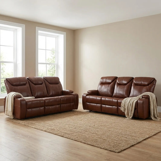 Cinema Tan Electric Leather 3+3 Seater Recliner Sofa