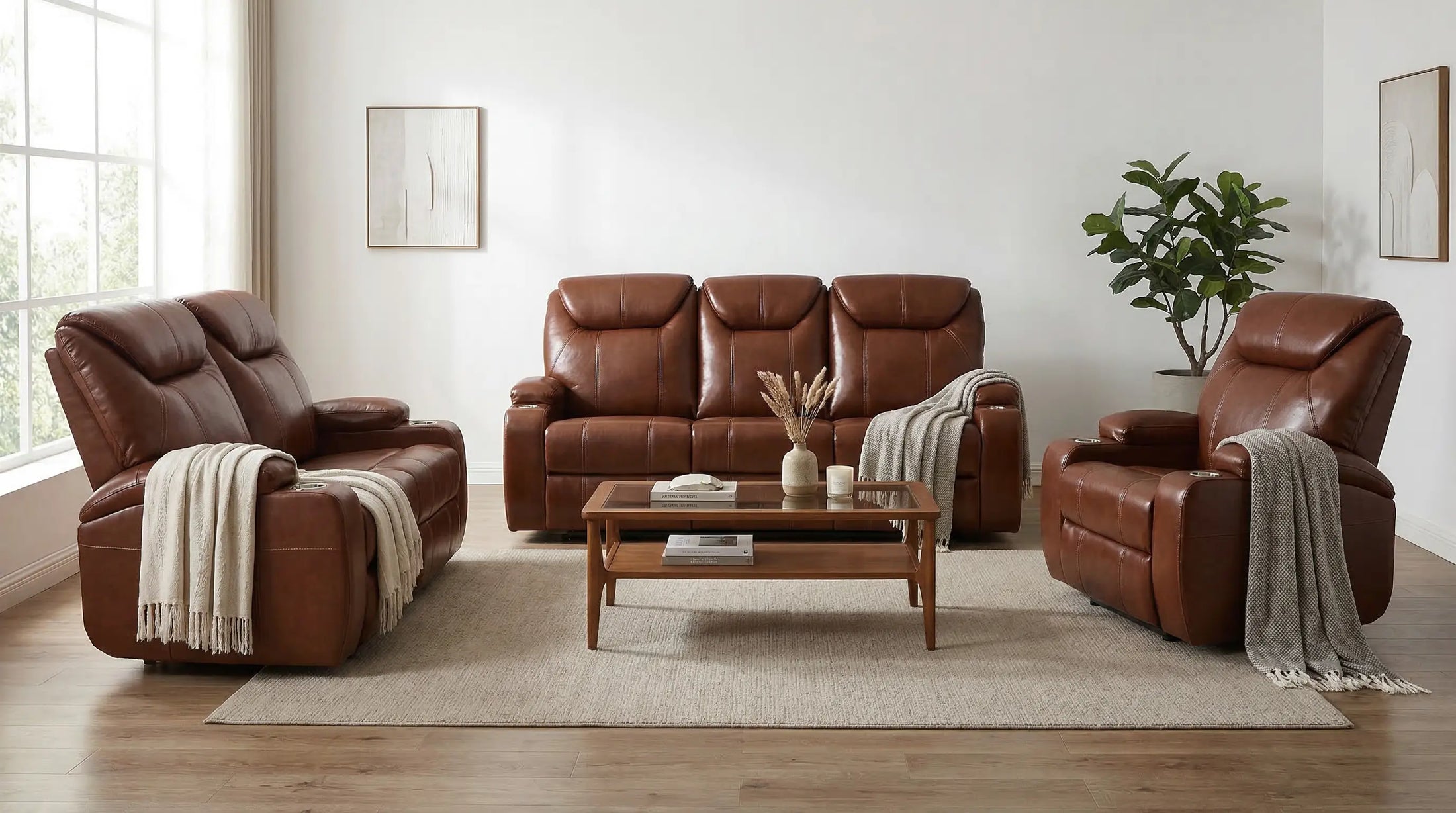 Cinema Tan Leather Sofa Set with Cup Holders 3+1+1