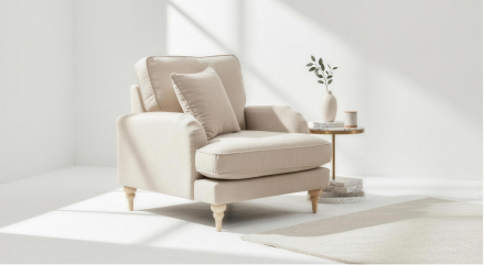 Beige armchair with a small table and plant in a minimalistic room