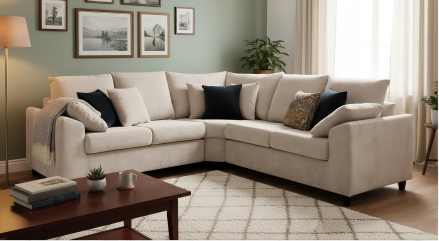 Beige sectional sofa in a living room with decor elements.