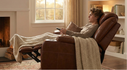 Woman sitting in a recliner chair with a blanket, looking at a phone in a cozy living room.