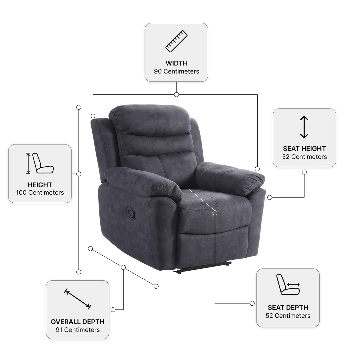 Conway Grey Fabric Manual Recliner Armchair — Dimension diagram