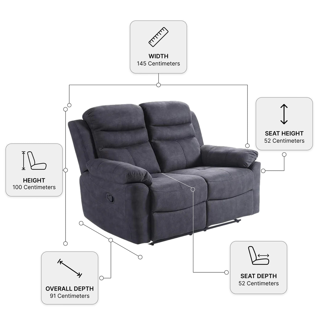 Conway Grey Fabric Manual Recliner 2 Seater Sofa — Dimension diagram