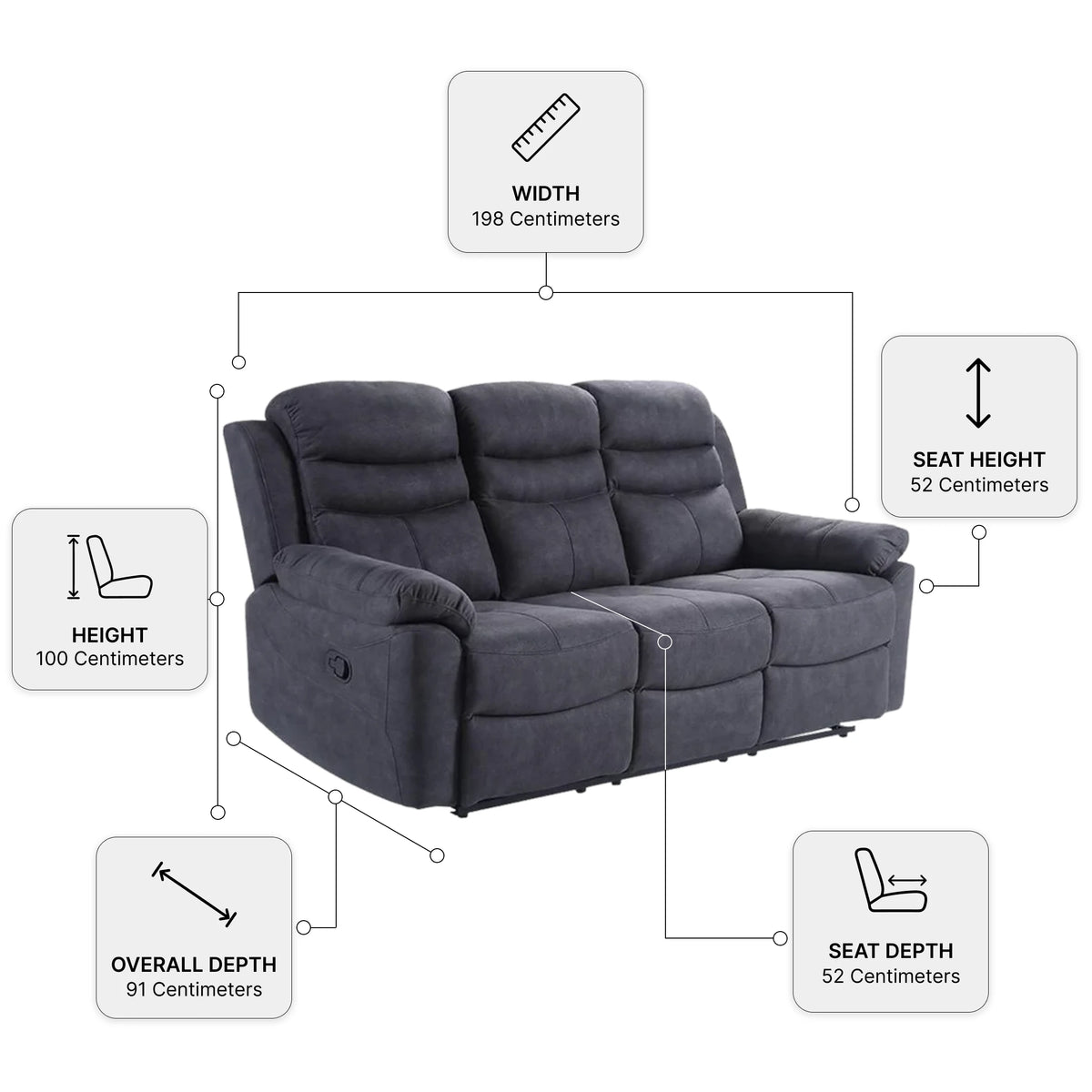 Conway Grey Fabric Manual Recliner 3 Seater Sofa — Dimension diagram