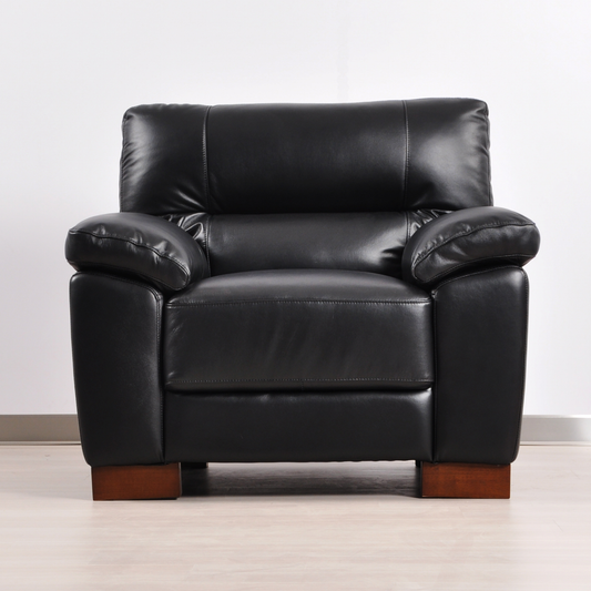 Dalmore Black Armchair in a front-facing view, placed in a modern room setting with neutral tones and soft natural lighting.