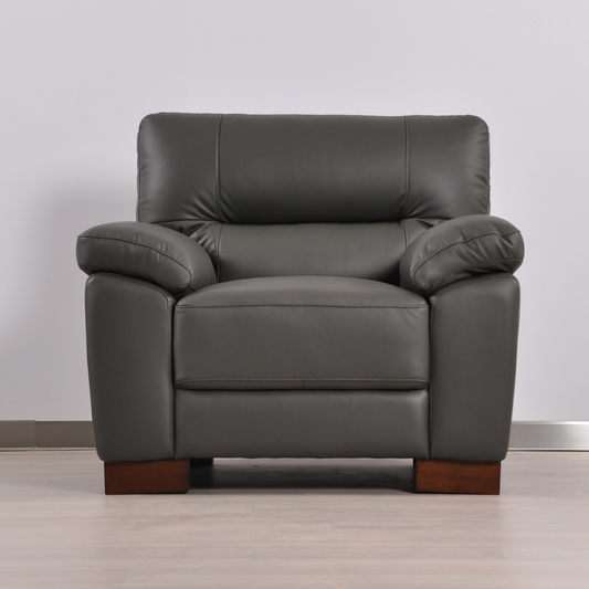 Front-facing Dalmore Grey Armchair in a modern room with neutral tones and soft natural lighting.