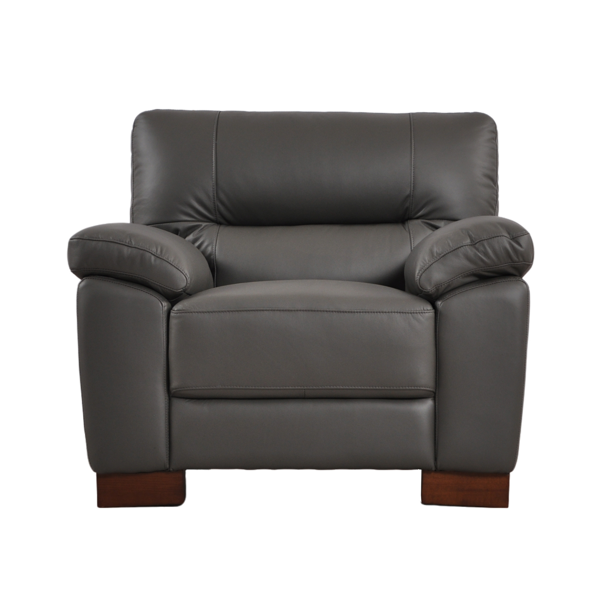 Front-facing view of the Dalmore Grey Armchair against a white background.