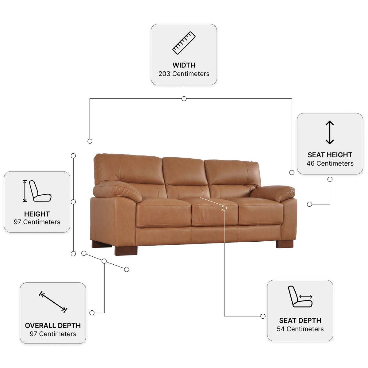 Dalmore Genuine Leather Caramel 3 Seater Sofa — Dimension diagram