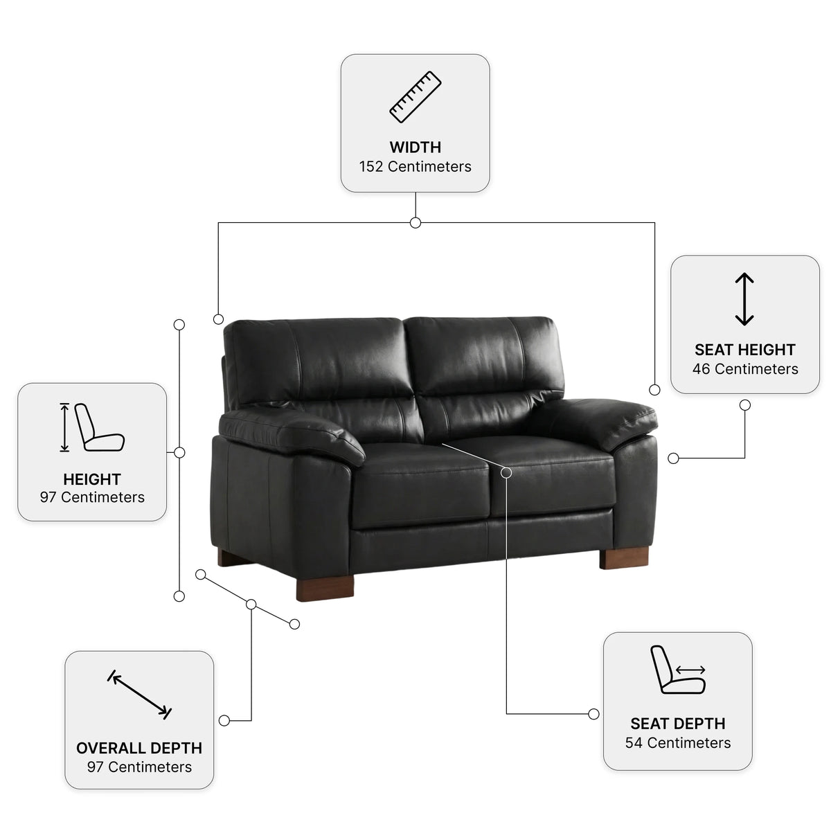Dalmore Genuine Leather Black 2 Seater Sofa — Dimension diagram