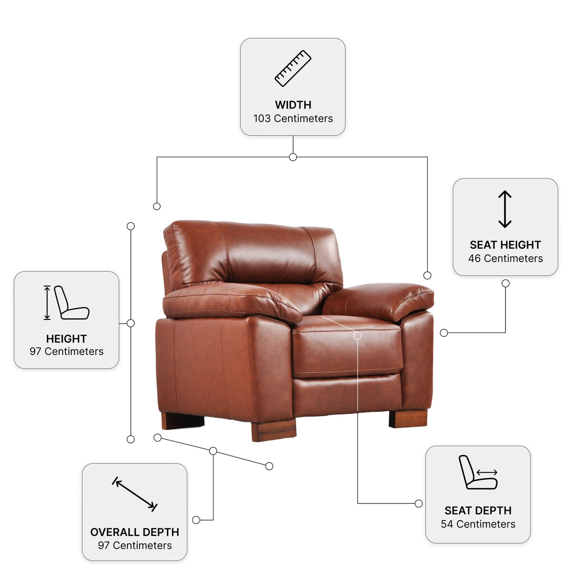 Dalmore Genuine Leather Tan Armchair — Dimension diagram