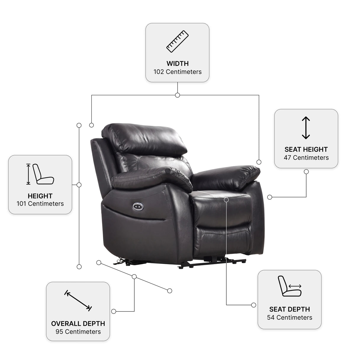 Dandrea Genuine Leather Black Electric Power Recliner Armchair — Dimension diagram