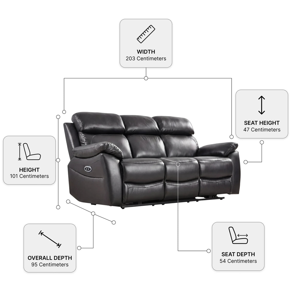 Dandrea Genuine Leather Black Electric Power Recliner 3 Seater — Dimension diagram