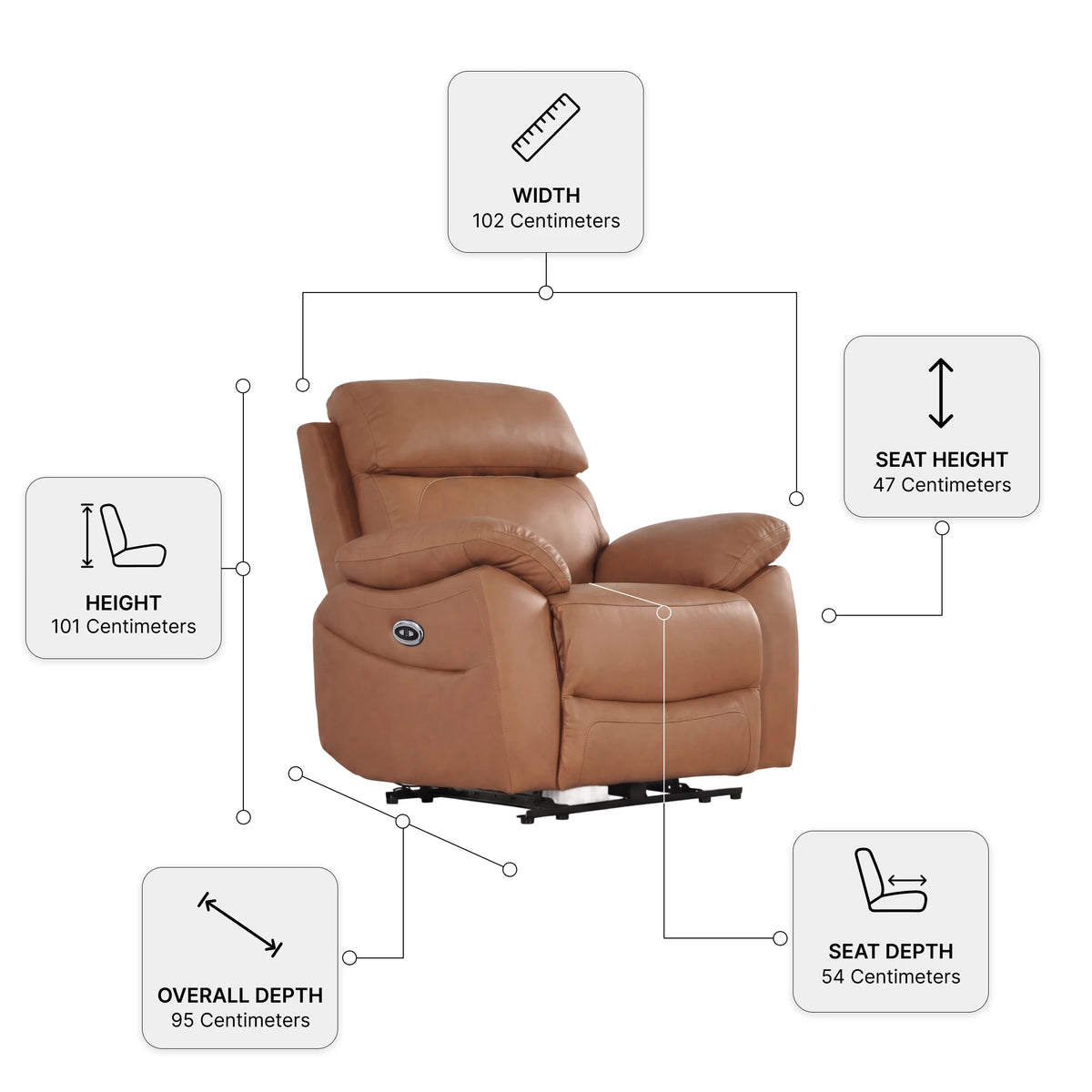 Dandrea Genuine Leather Caramel Electric Recliner Armchair — Dimension diagram