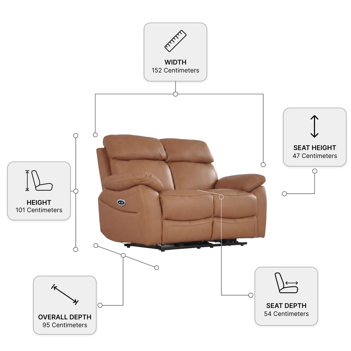 Dandrea Genuine Leather Caramel Electric Power Recliner 2 Seater Sofa — Dimension diagram
