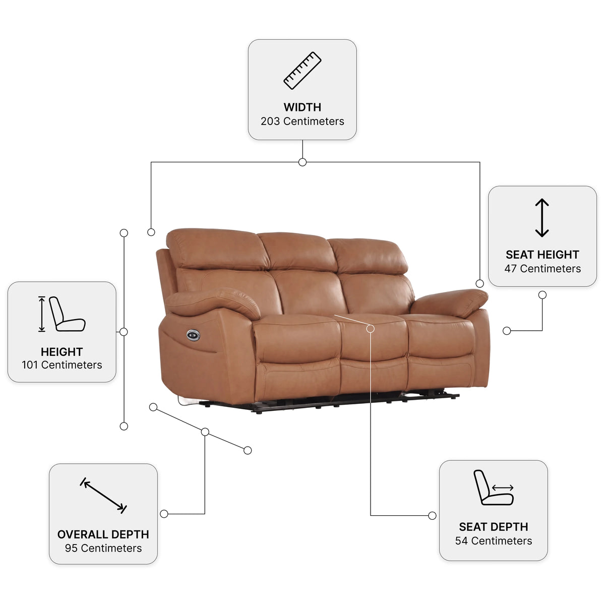 Dandrea Genuine Leather Caramel Electric Power Recliner 3 Seater Sofa — Dimension diagram