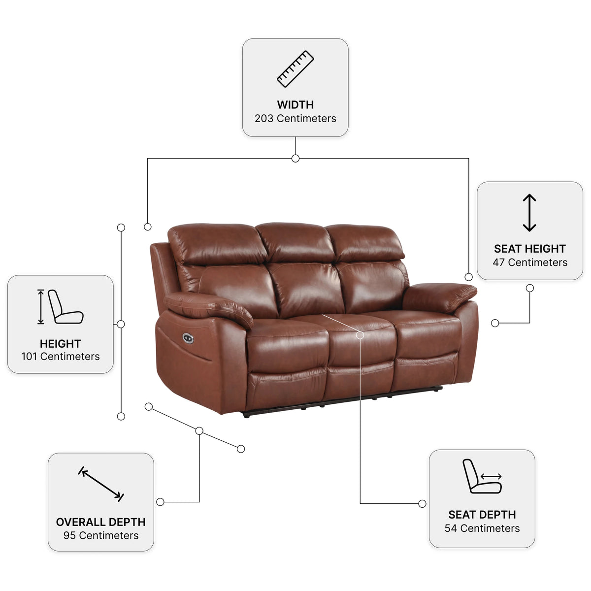 Dandrea Genuine Leather Tan Electric Recliner 3 Seater Sofa — Dimension diagram