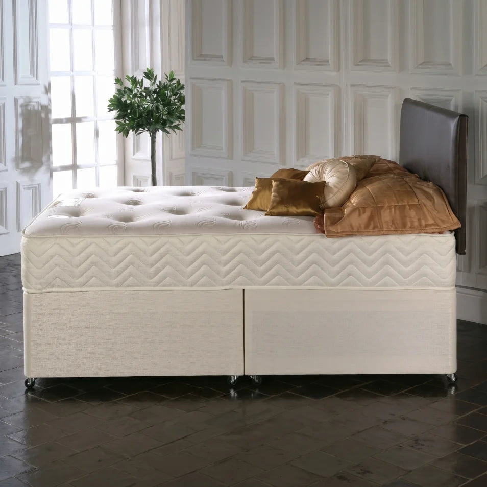 brown leather bed in a room setting environment