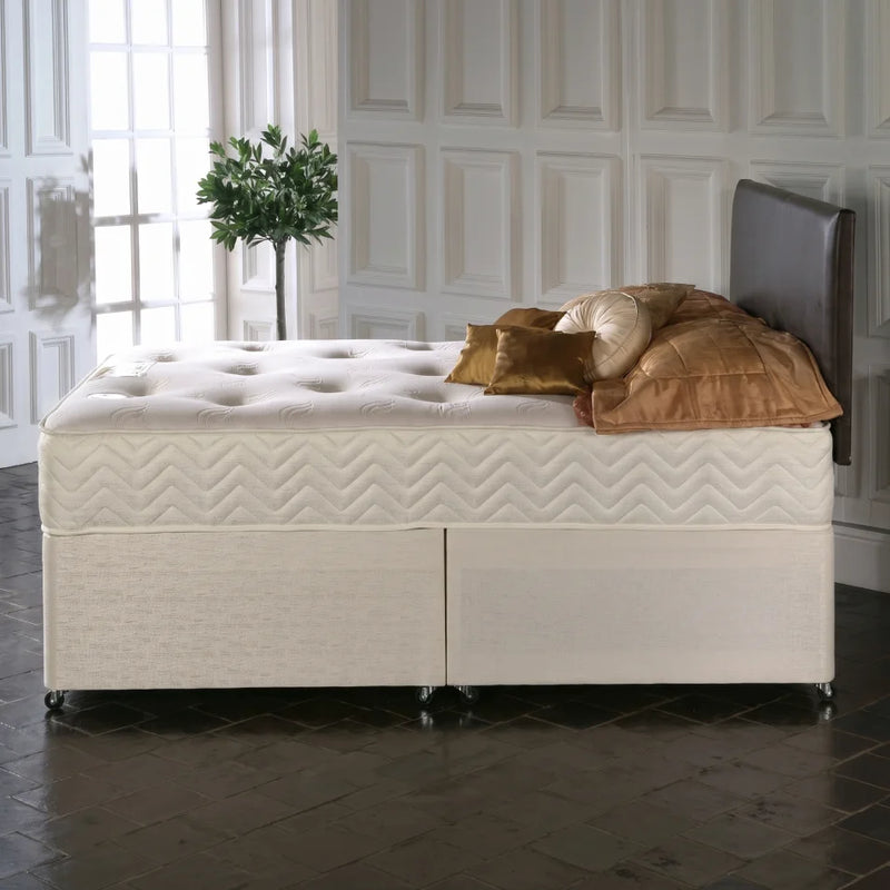 brown leather bed in a room setting environment