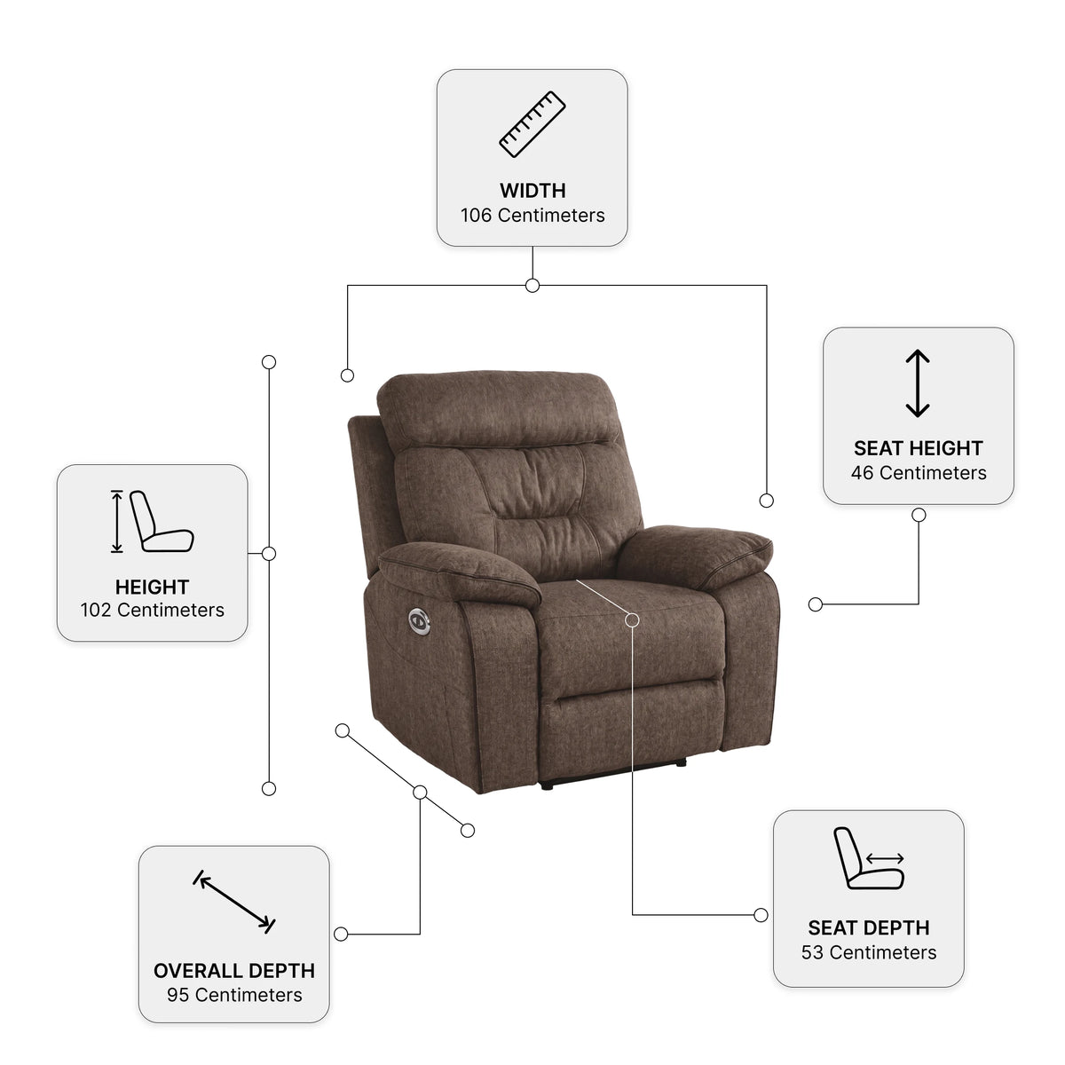 Foster Brown Fabric Electric Recliner Armchair — Dimension diagram