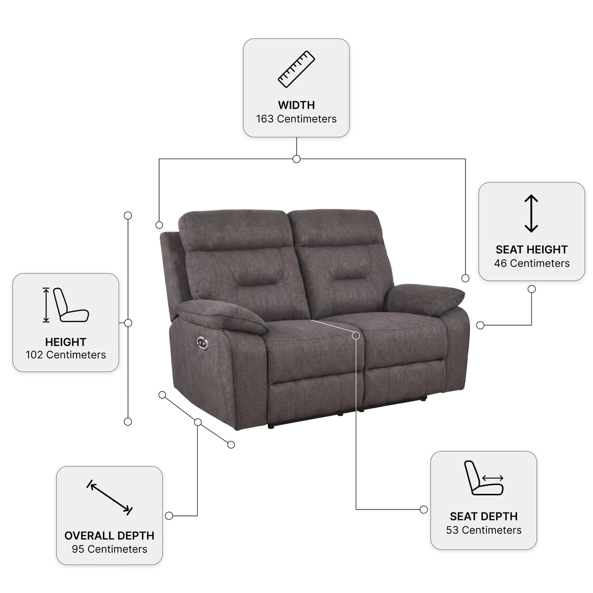 Foster Dark Grey Fabric Electric Recliner 2 Seater Sofa — Dimension diagram