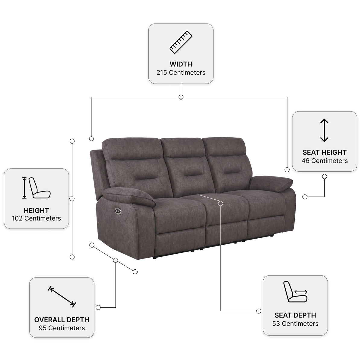 Foster Dark Grey Fabric Electric Recliner 3 Seater Sofa — Dimension diagram