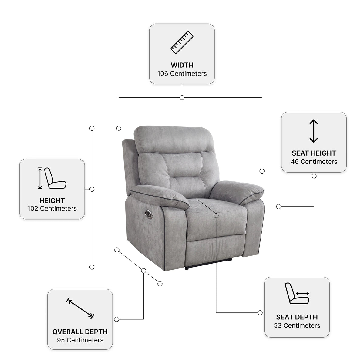 Foster Light Grey Fabric Electric Recliner Armchair — Dimension diagram