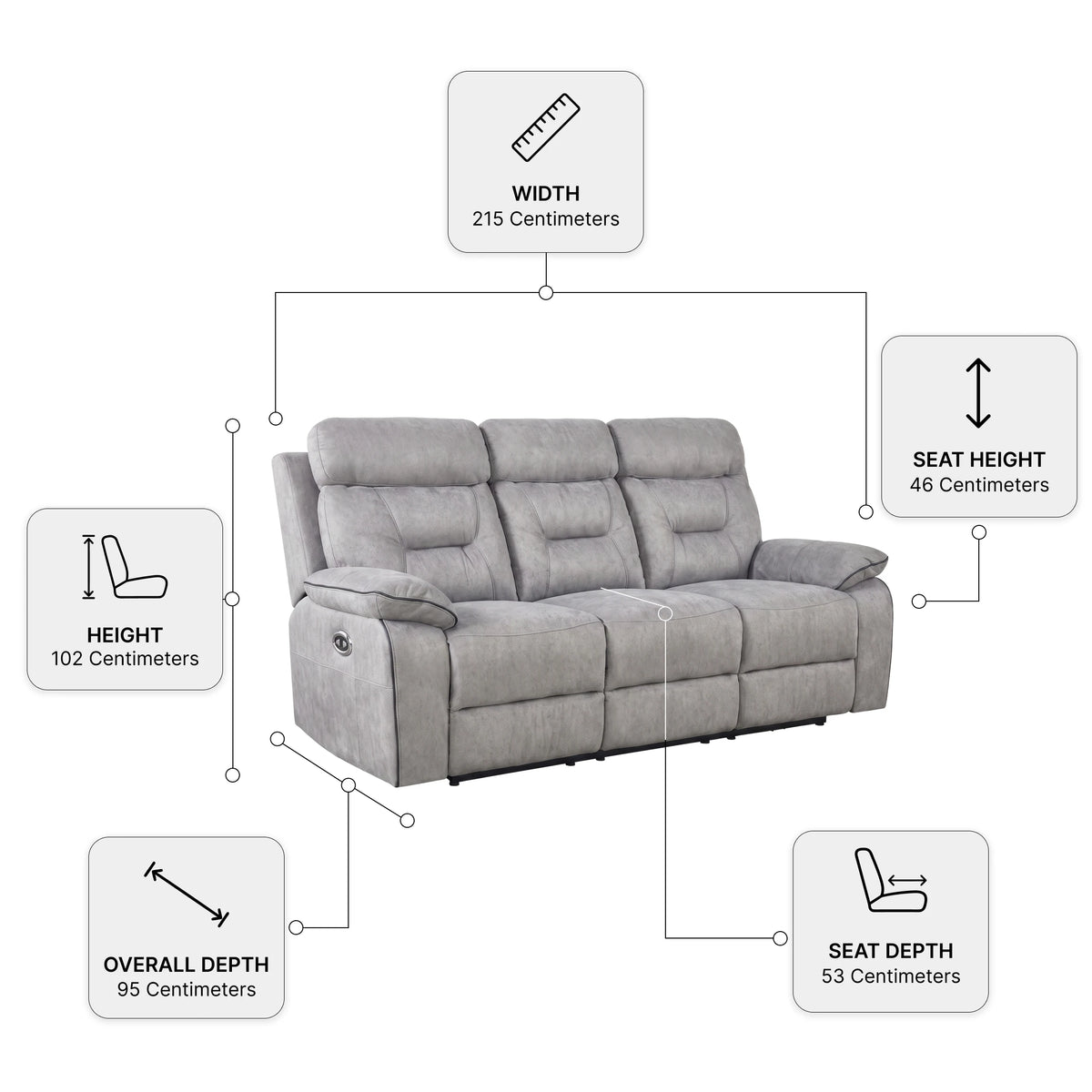 Foster Light Grey Fabric Electric Recliner 3 Seater Sofa — Dimension diagram