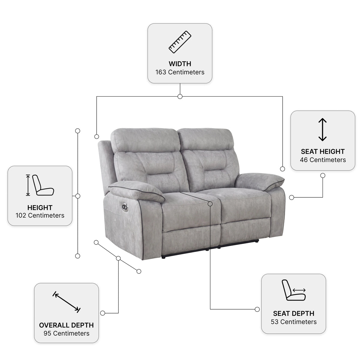 Foster Light Grey Fabric Electric Recliner 2 Seater Sofa — Dimension diagram