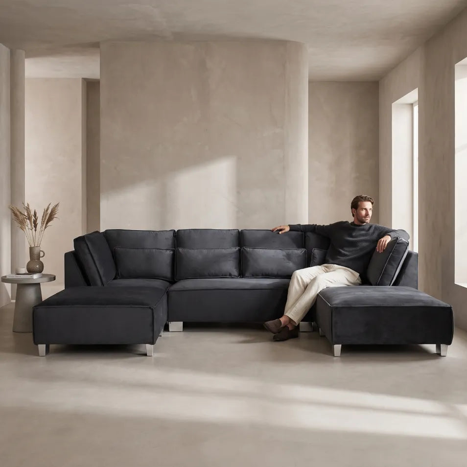 Sloane U Shape Black Velvet Corner Sofa
